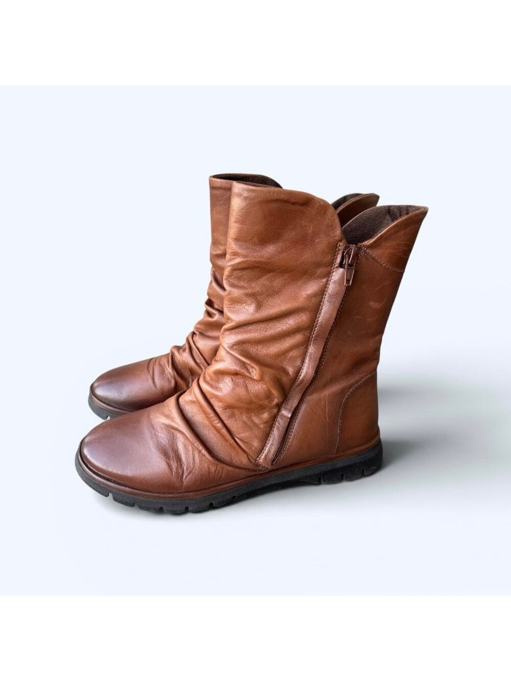 Miz Mooz Delena Ruched Leather Mid-Shaft Boots Brown Side Zip EU 39 US 8-8.5